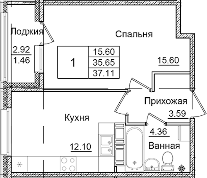 1-комнатная квартира 37.11 м², 5/9 эт., ЖК «Квартал Заречье»